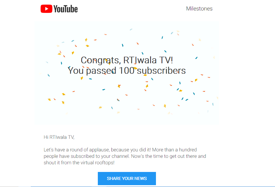 RTIwala TV reaches 100 on YouTube